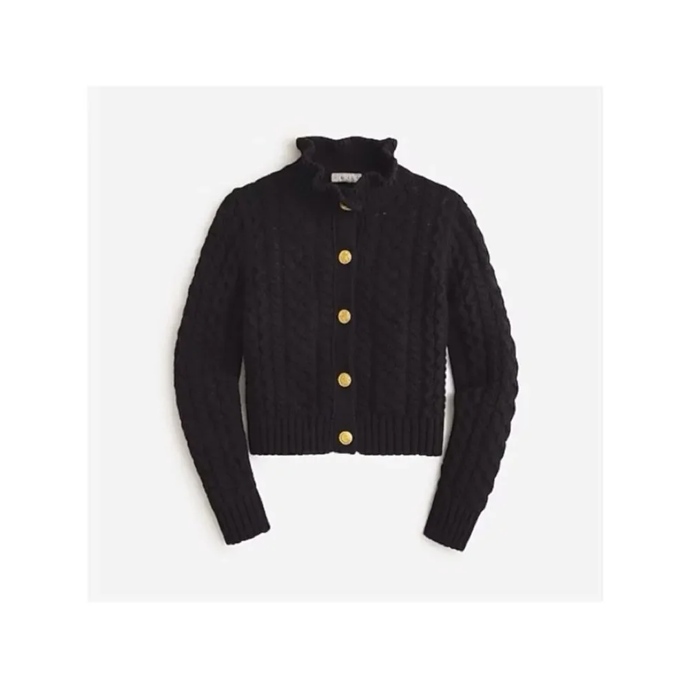 J. Crew Black Cable-Knit Ruffle Neck Button Up Cardigan Sweater Size S